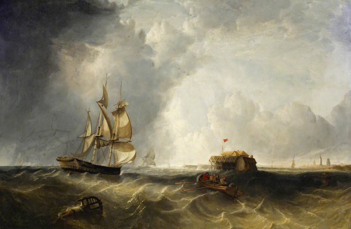 A Ship and Men in a Rowing  Boat off Calais