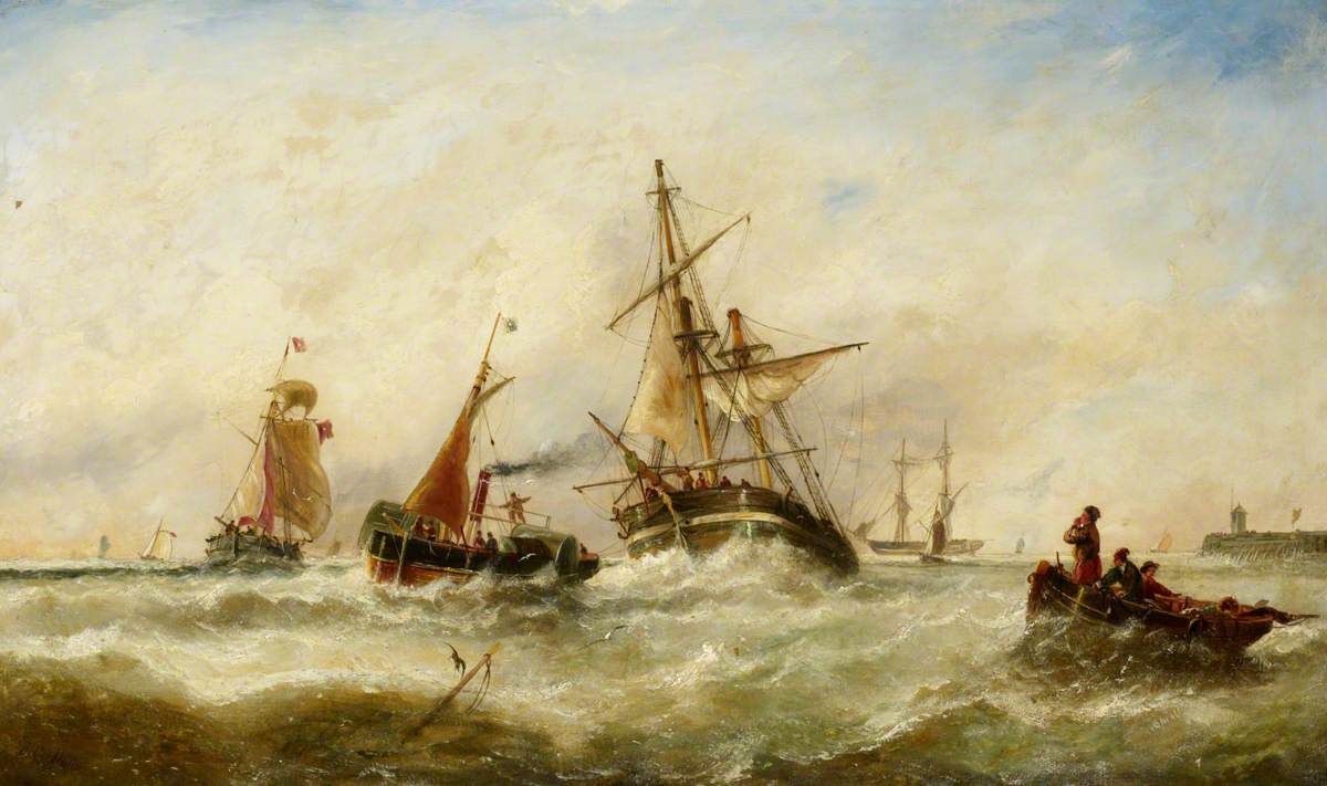 A Damaged Brig Being Towed into Harbour