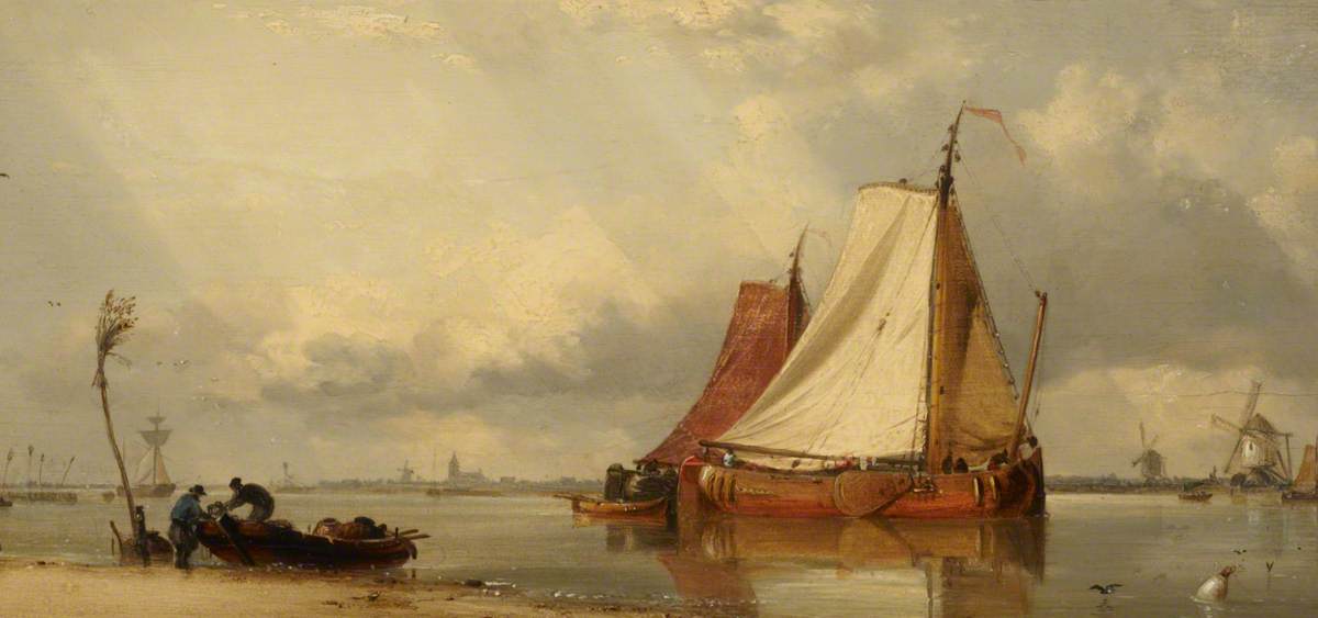 Dutch Barges near a Beach