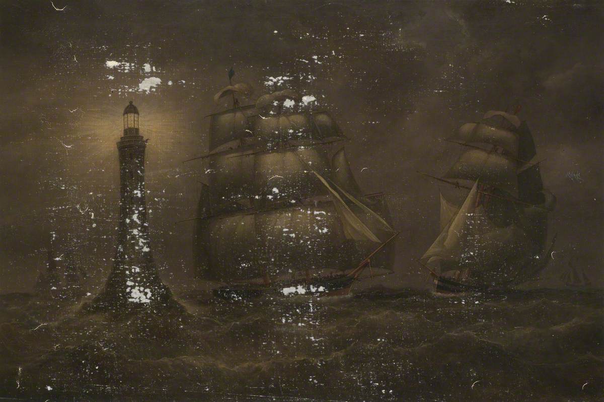 Ships at Night near a Lighthouse