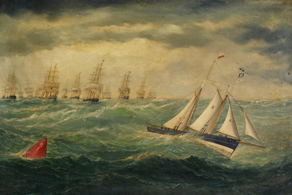 'Follow me': Liverpool Pilot Schooner No. 2, the 'Leader', Leading a Fleet of Vessels Over the Mersey Bar During a Gale, 8 February 1881