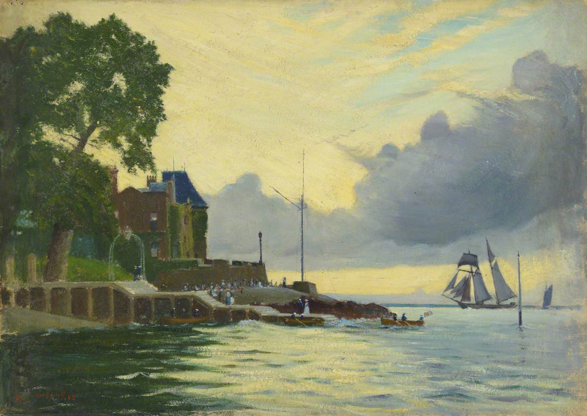 Cowes Royal Yacht Club with a Topsail Schooner