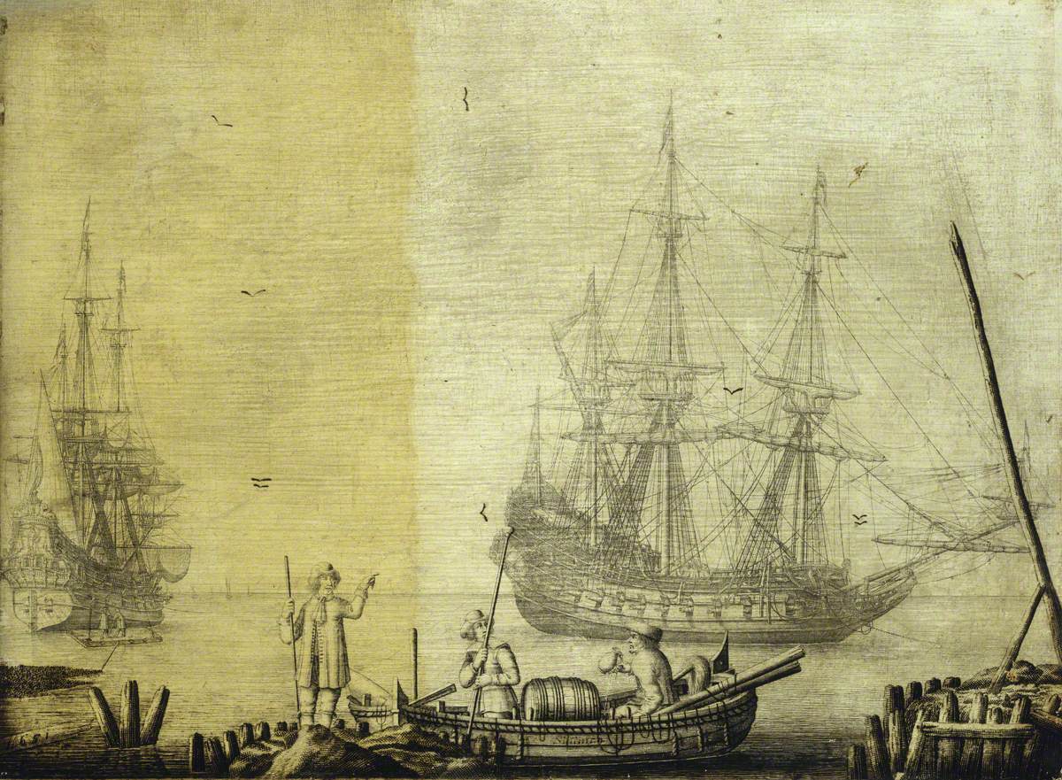 Men in a Boat with Two Dutch Ships Nearby