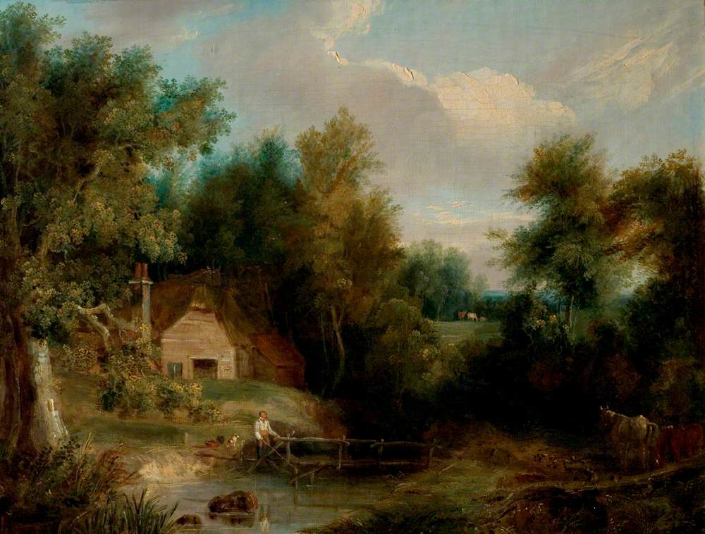 Landscape, Cottage and Stream with a Figure and a House