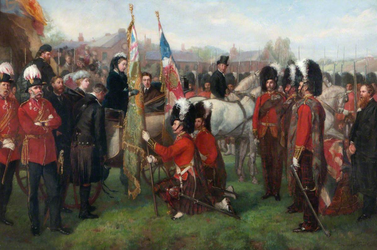 Presentation by HM Queen Victoria of New Colours to the 79th Cameron Highlanders on Return from 16 years of Foreign Service in India, April 1873