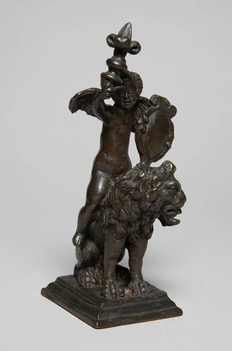 Putto Sitting on a Seated Lion Holding a Shield and Fleur-de-Lys Torch