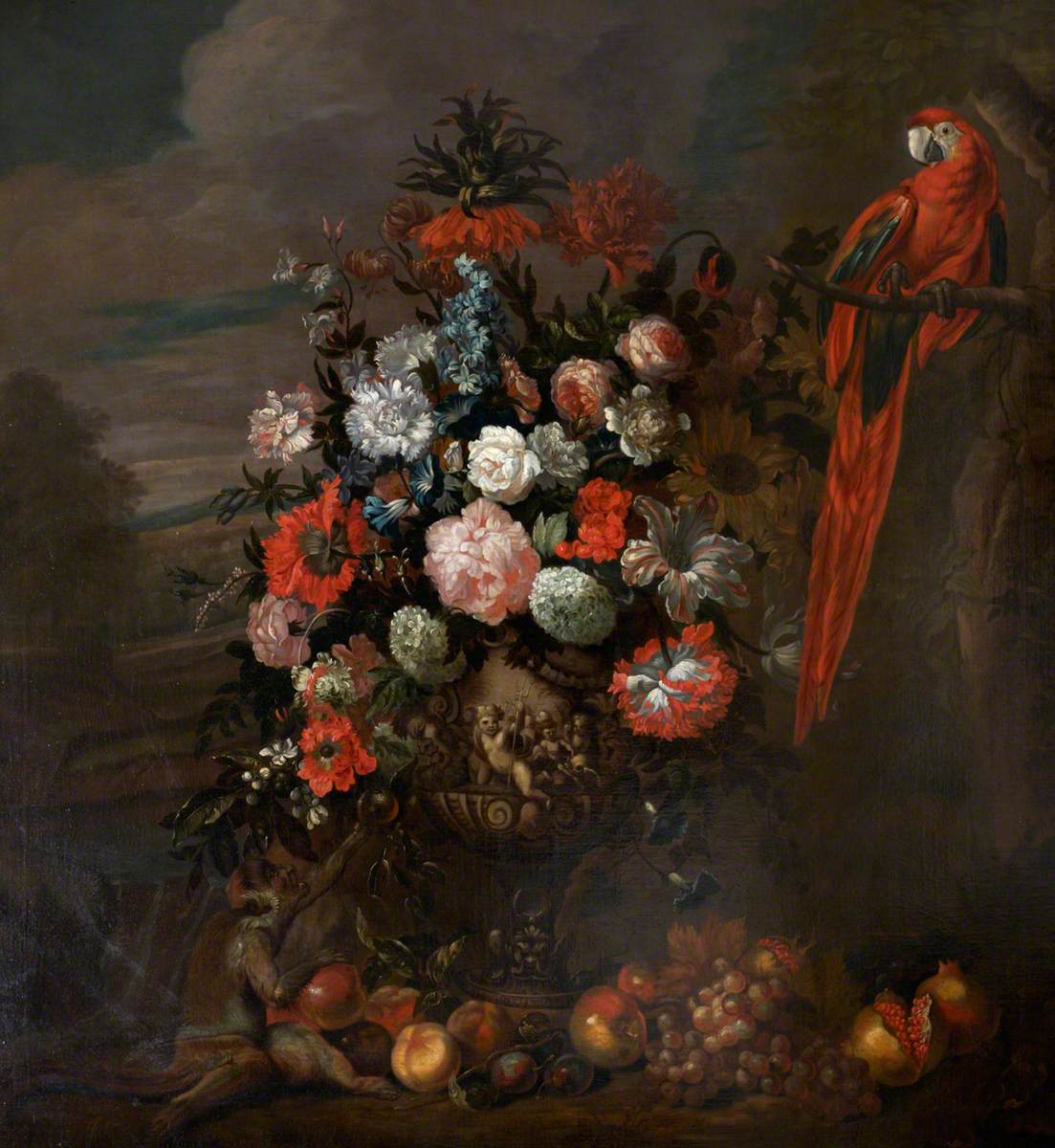 A Figured Vase of Flowers with a Monkey Teasing a Parrot
