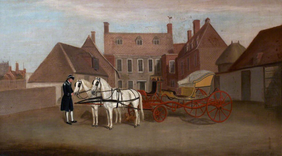 A Groom, Two Greys and a Currick in a Courtyard