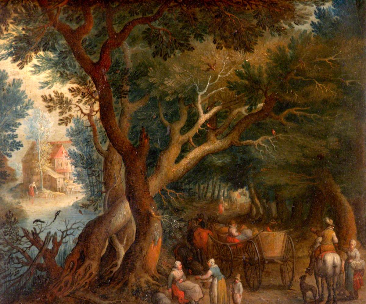 Scene of Travellers on the Road in a Wood