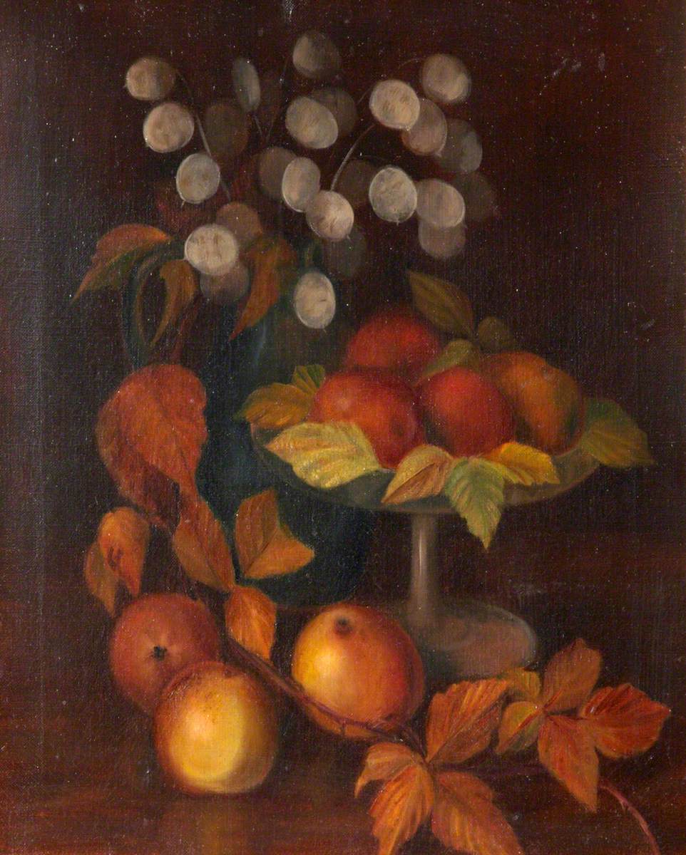 Still Life of Apples with Autumn Leaves and Honesty Pods