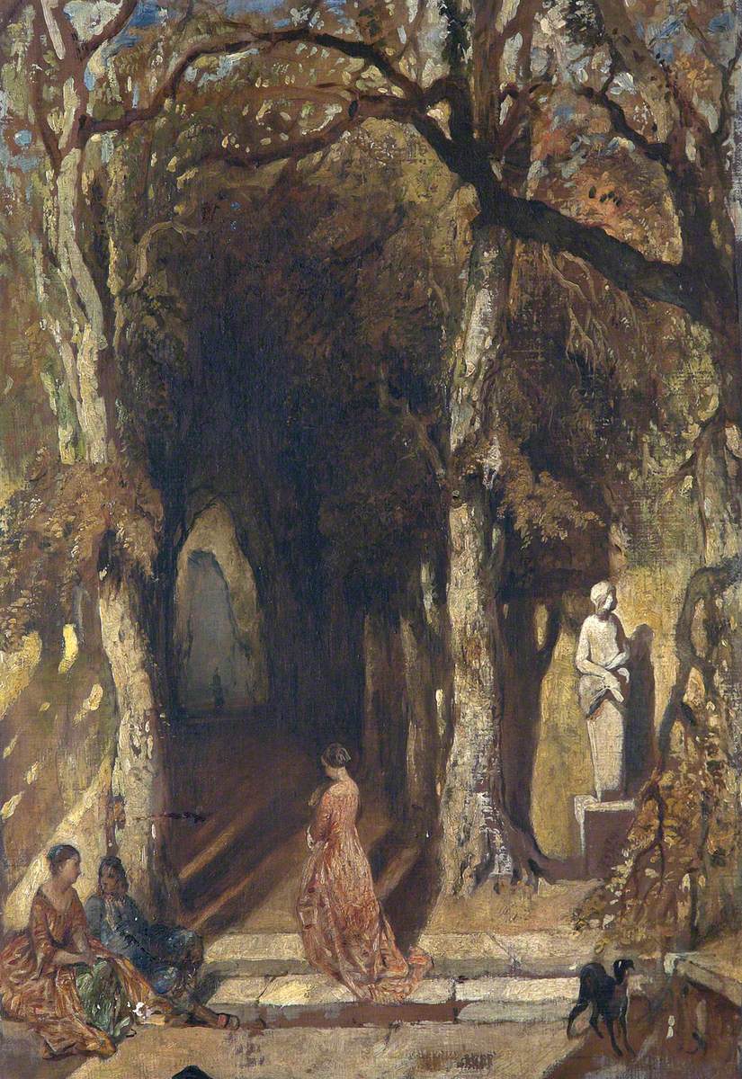 Figures in a Tree-Lined Garden