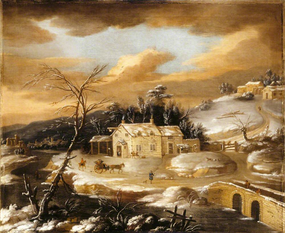 Winter Scene of a Village Inn and a Traveller