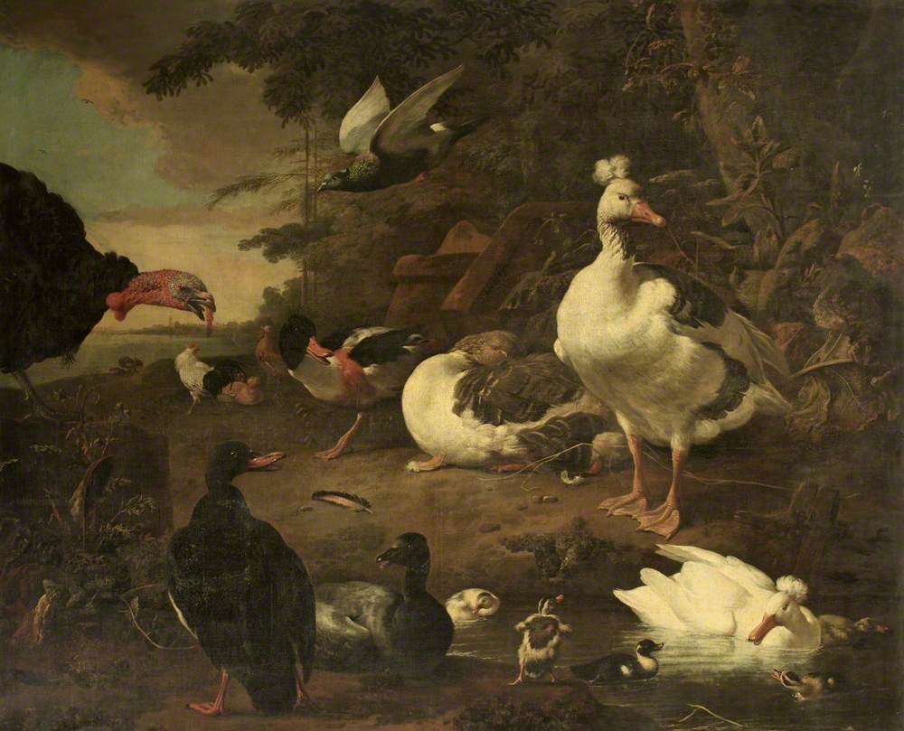 Turkey, Geese, a Shelduck, and Other Fowl, in a Landscape with a Stream