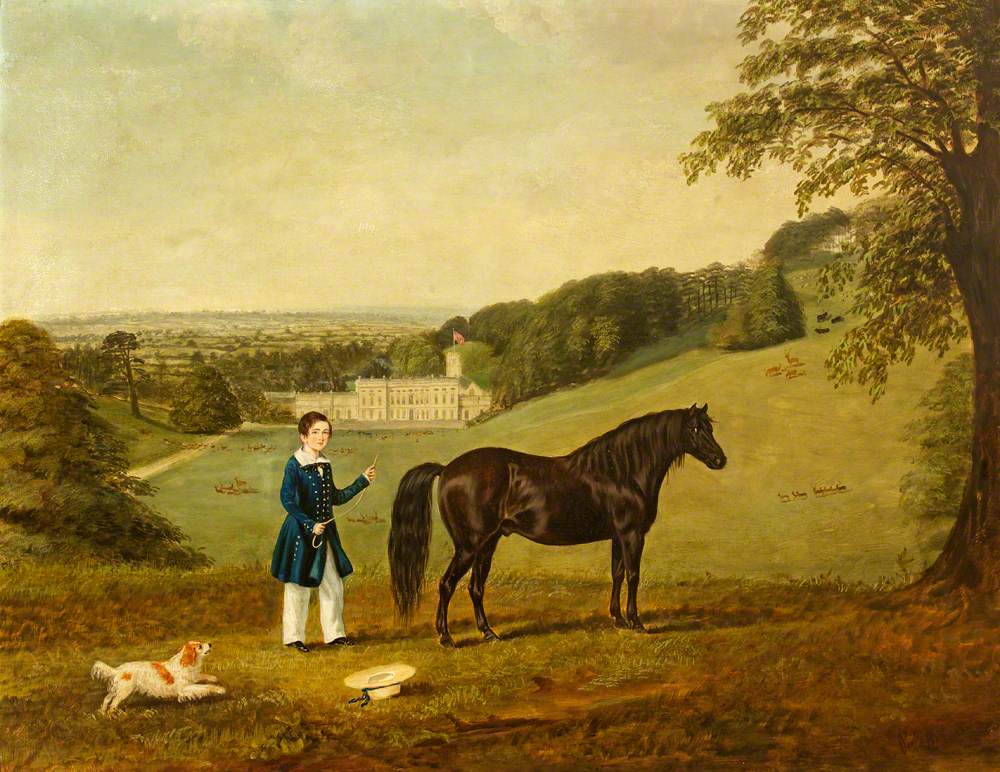 A Child with His Pony and a Dog at Dyrham Park, Gloucestershire