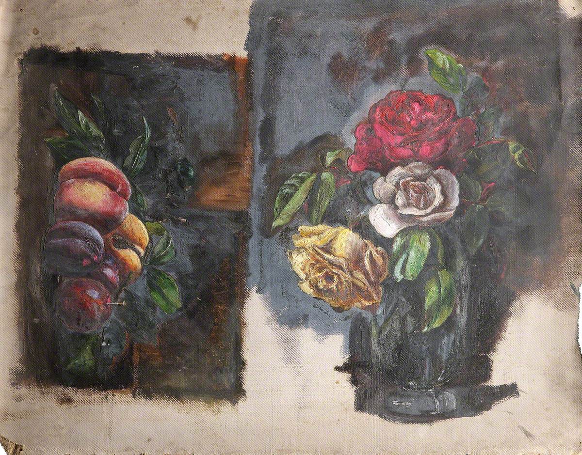 Studies of Peaches and Plums, and a Still Life of Roses in a Vase