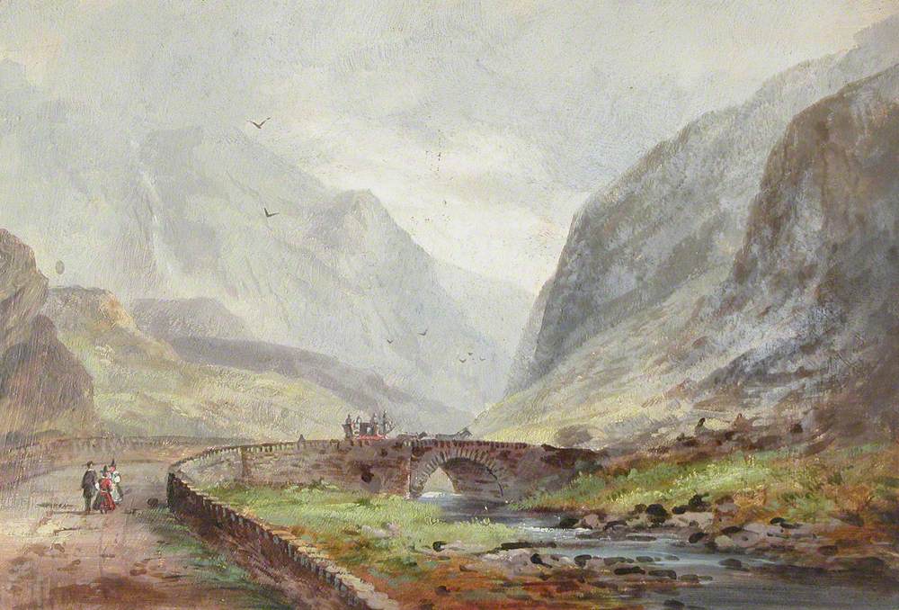 Llanberis Pass, Snowdonia, with a Coach Travelling over a Bridge