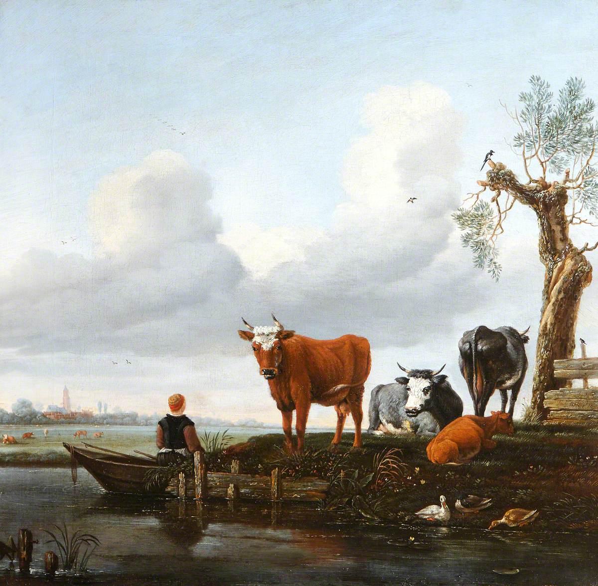 Four Cows by the Water's Edge with a Boy in a Boat