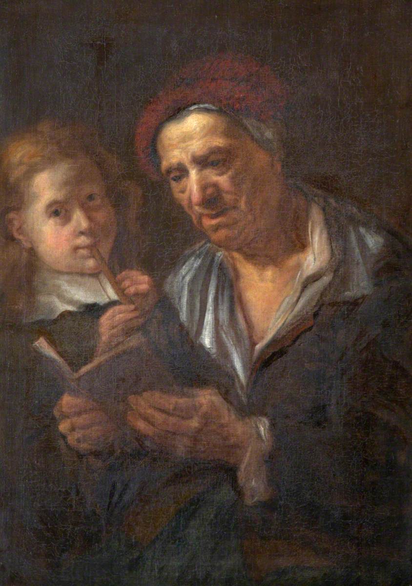 An Old Man with an Open Book and a Child Playing the Flute