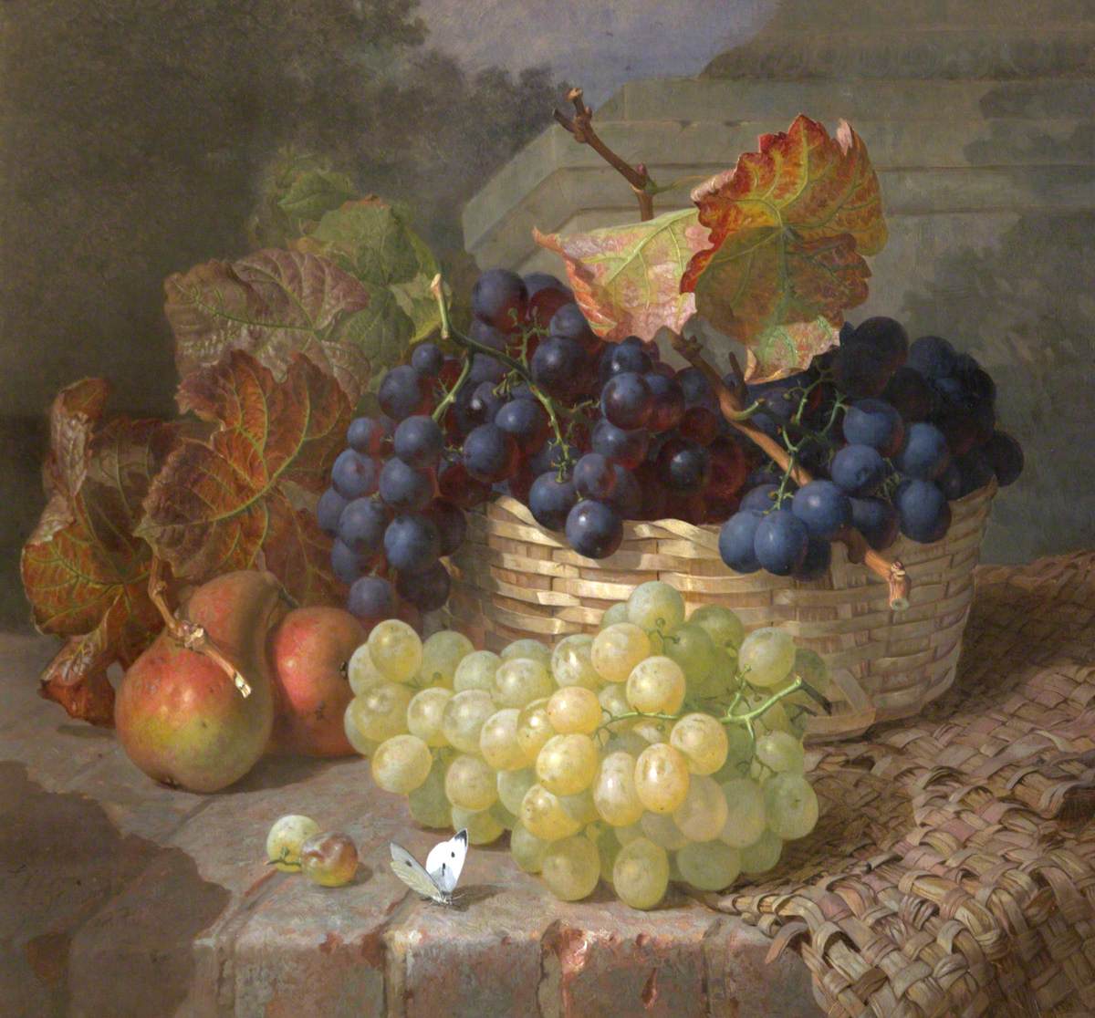 Still Life with Grapes in and beside a Basket
