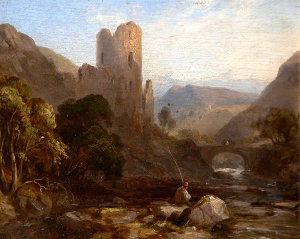 A Man Fishing in a Stream by a Ruined Castle