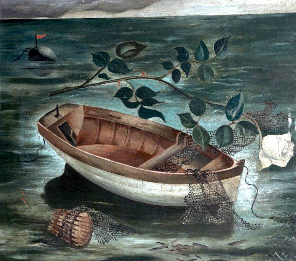 Rowing Boat with Fishing Nets and a White Rose