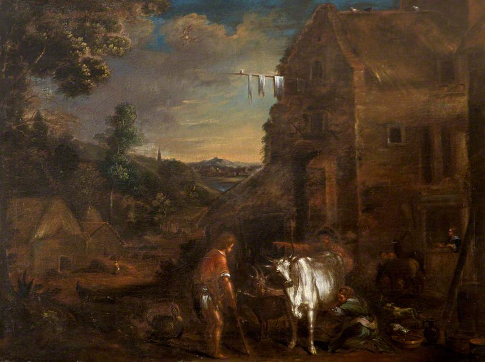 A Wooded Landscape with a Milkmaid Milking a Cow and Labourers Outside a Farm Building