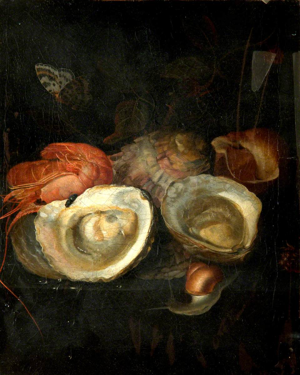 Still Life of Oysters and a Prawn on a Ledge with a Snail and a Butterfly