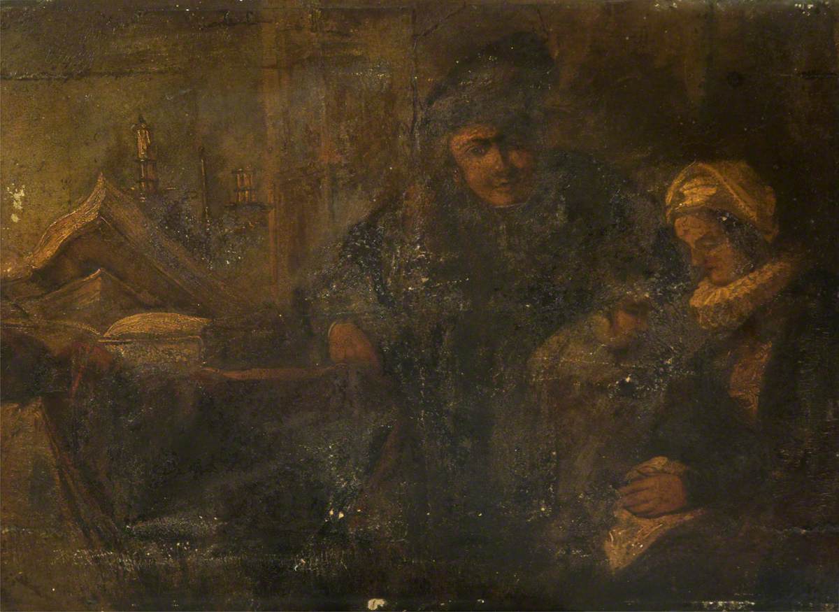 A Dutch Man Seated at a Desk with His Wife and Child