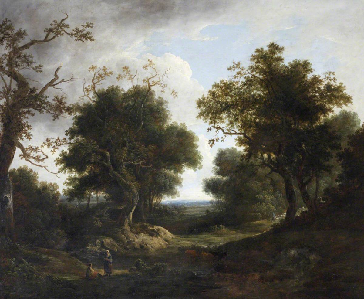 Wooded Landscape with Cattle, Sheep and Peasant Figures by a River