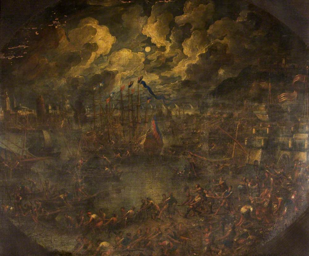 Harbour Scene by Moonlight with an Army of Fishermen