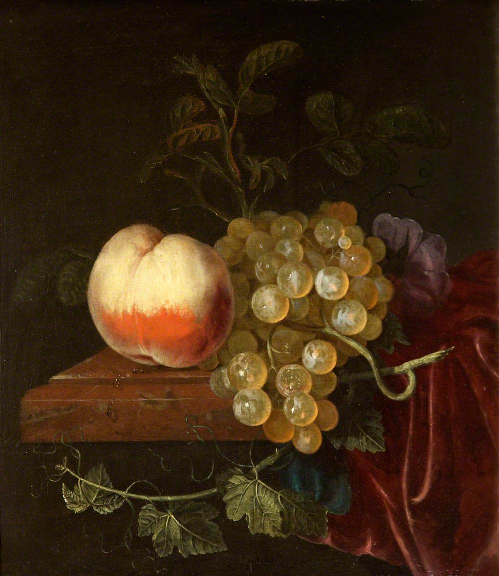 A Peach and Grapes on a Ledge