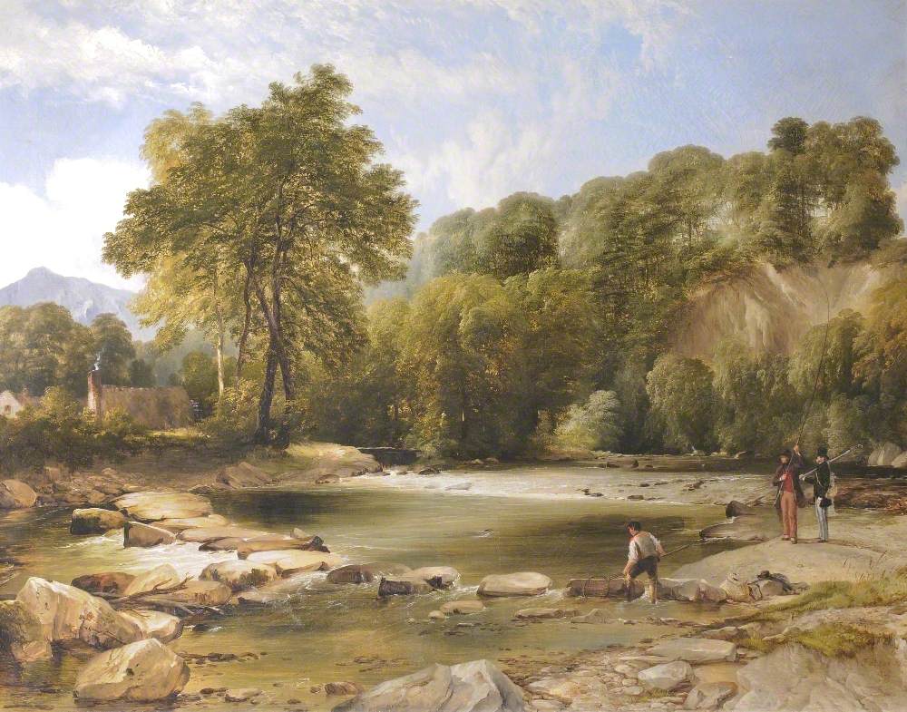 The River Ogwen at Cochwillan Mill, with the Artist Fishing, Watched by General Cartwright