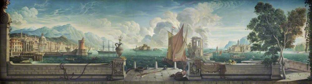 Dining Room Mural: Capriccio of a Mediterranean Seaport, with British and Italian Buildings, the Mountains of Snowdonia, and a Self Portrait Wielding a Broom