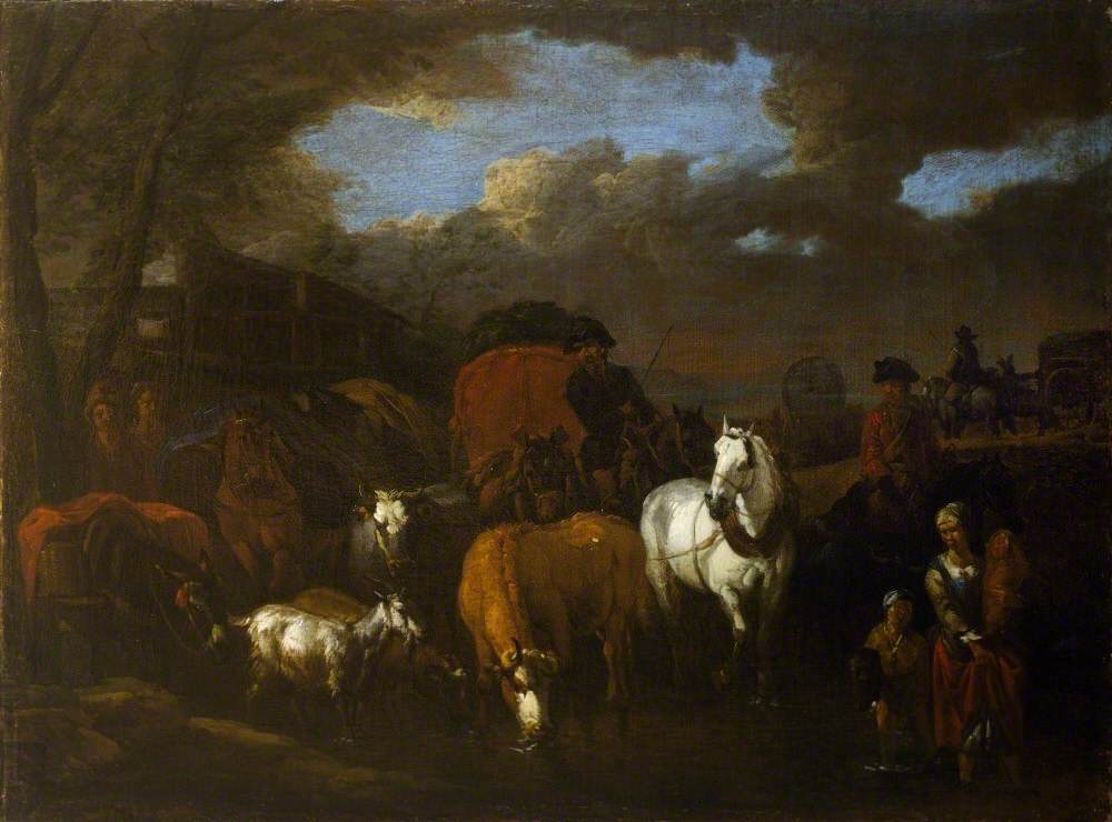 A Figure, Animals and Wagons Crossing a Stream