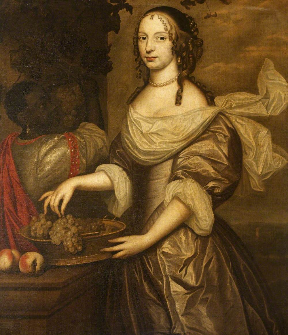 Portrait of a Lady in Pink Fingering a Bunch of Grapes