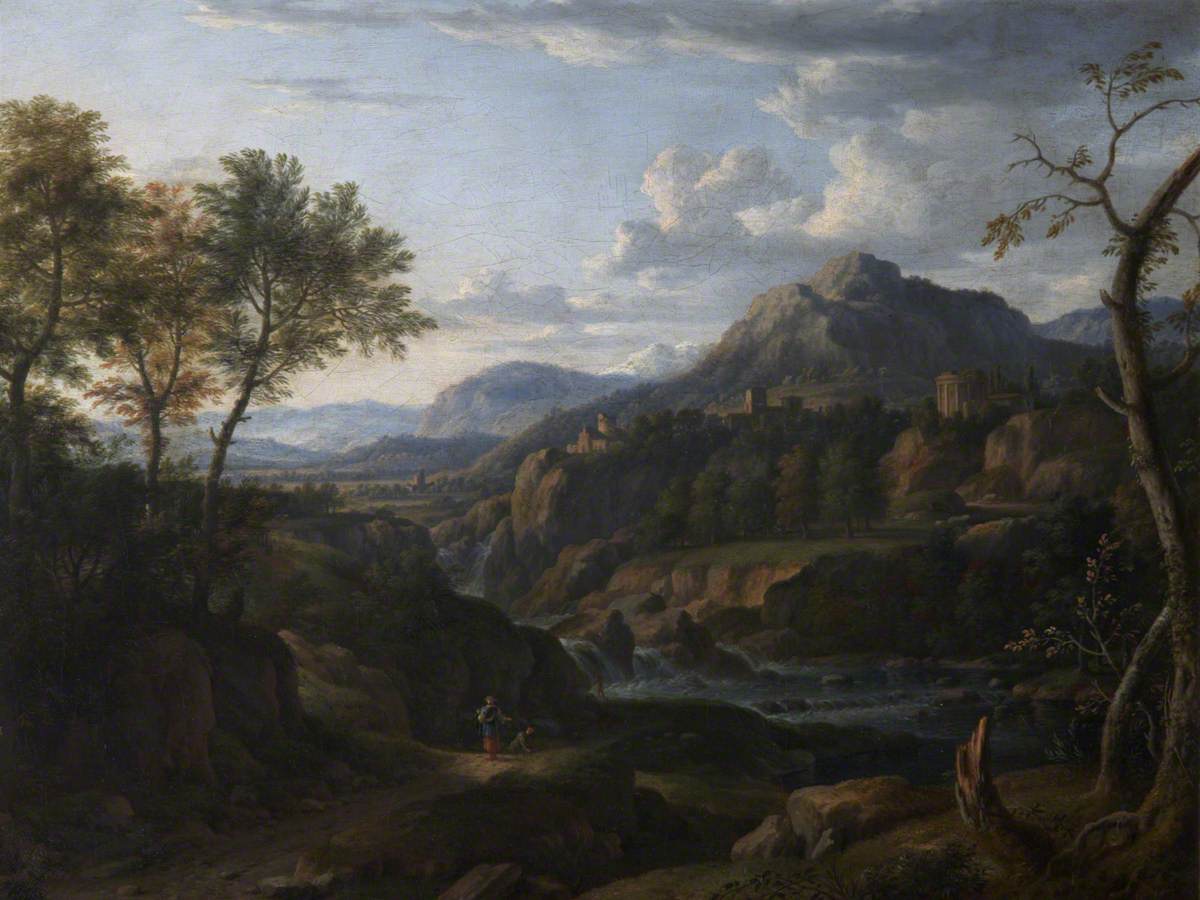 Classical River Landscape with Figures on a Road and a Distant Town