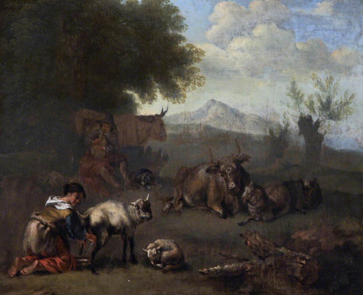 Cattle and Sheep with a Young Woman Milking a Goat