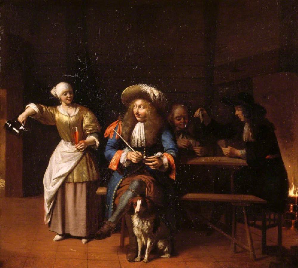 The Empty Jug: A Tavern Scene with a Serving Wench, a Gentleman with a Pipe and a Dog, and Card Players