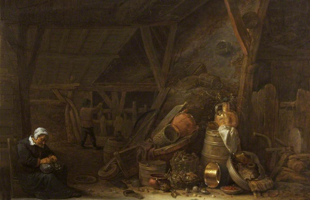 A Barn with a Still Life of Kitchen Utensils and a Sleeping Cook