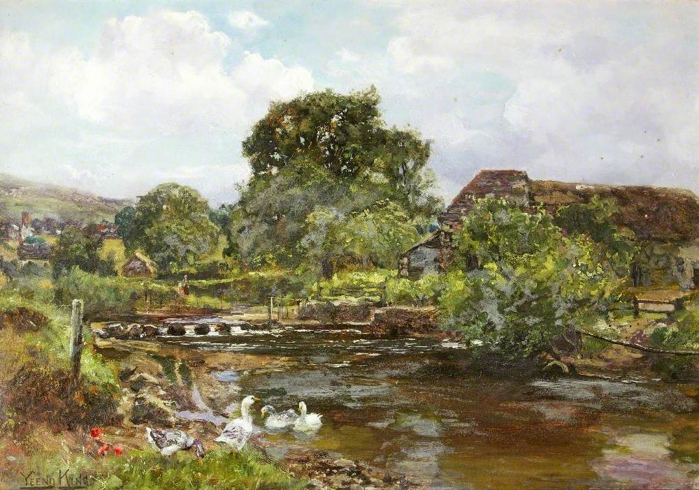 'Chagford Mill', the River Teign with Stepping Stones and Ducks