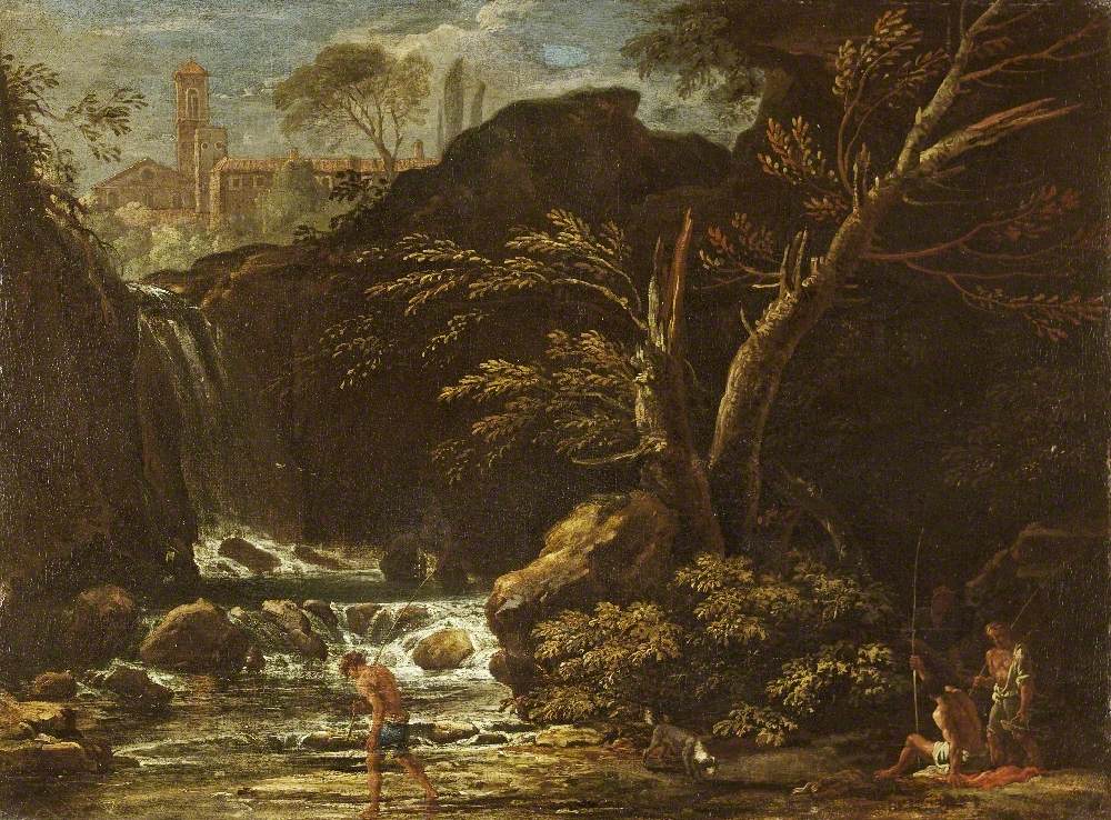 Landscape with Waterfall and Fishermen