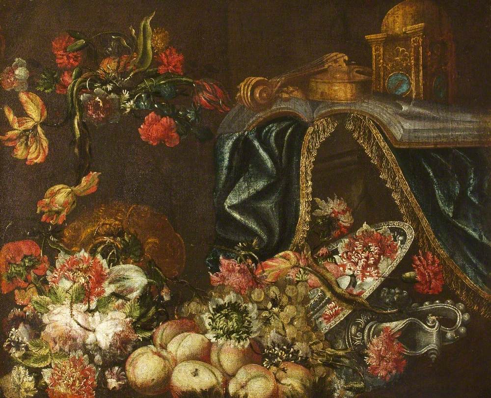 Flowers with Fruit, a Book, a Violin and a Blue Drape