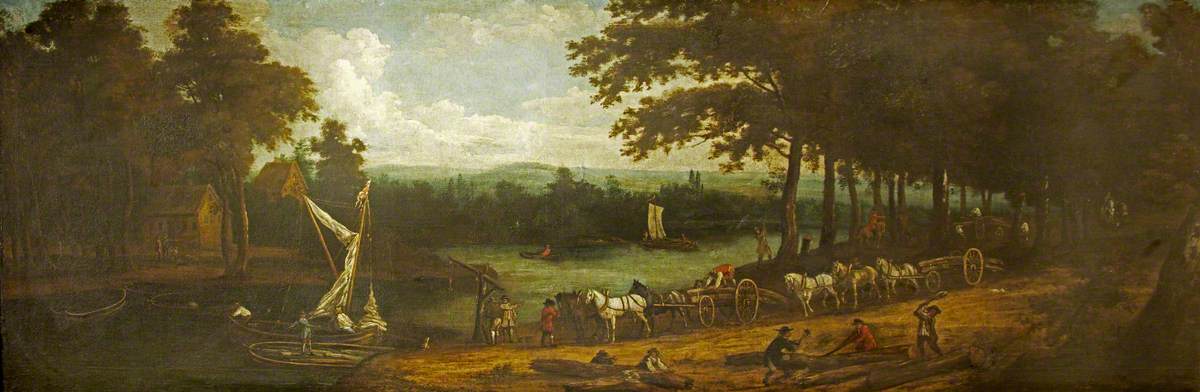 A Wooded River Landscape with Timber Wagons