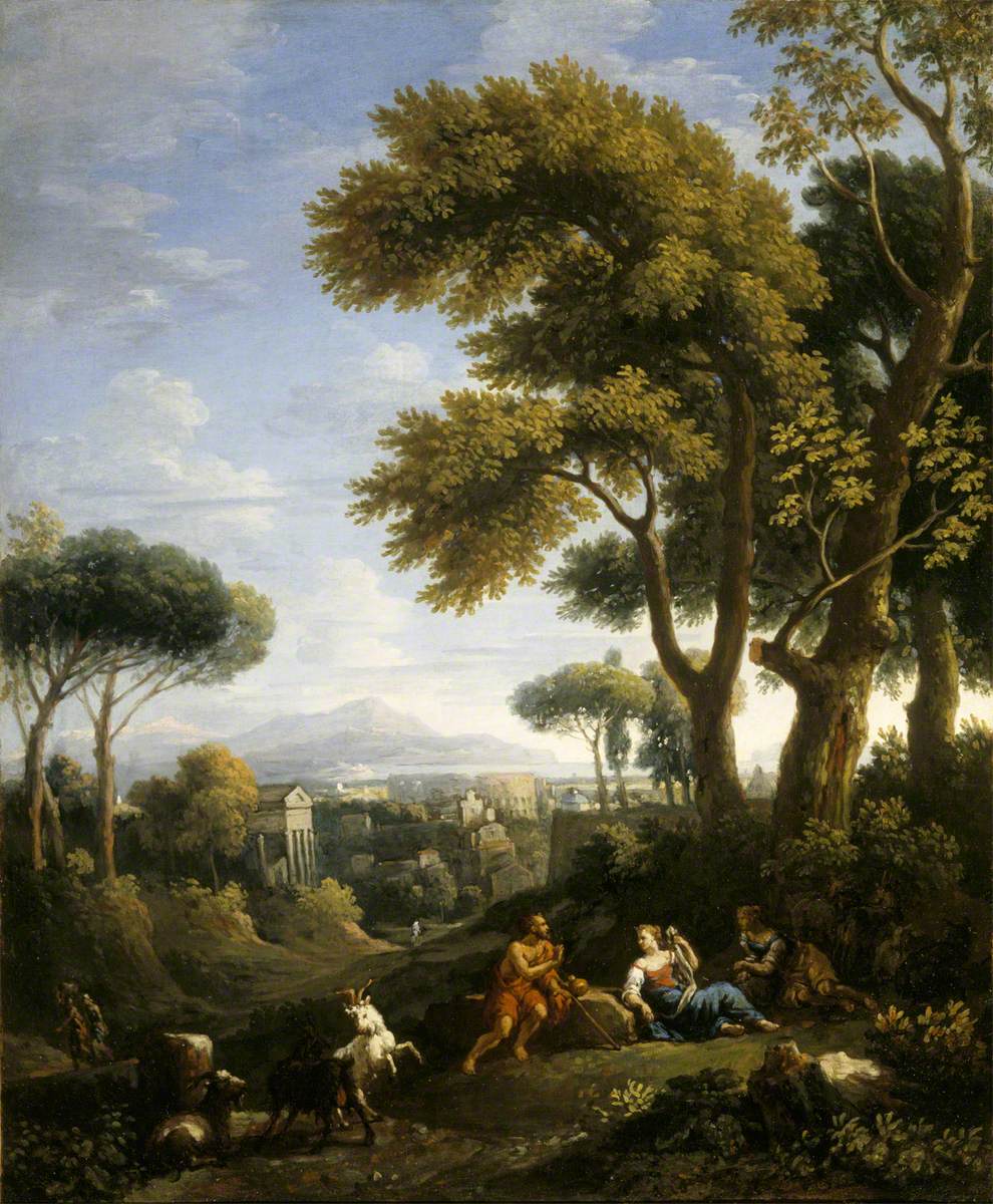 A Classical Landscape with a Traveller and Two Women Conversing and Three Goats Gambolling