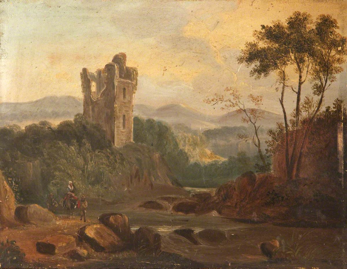 A River Landscape with a Ruined Tower, Ireland