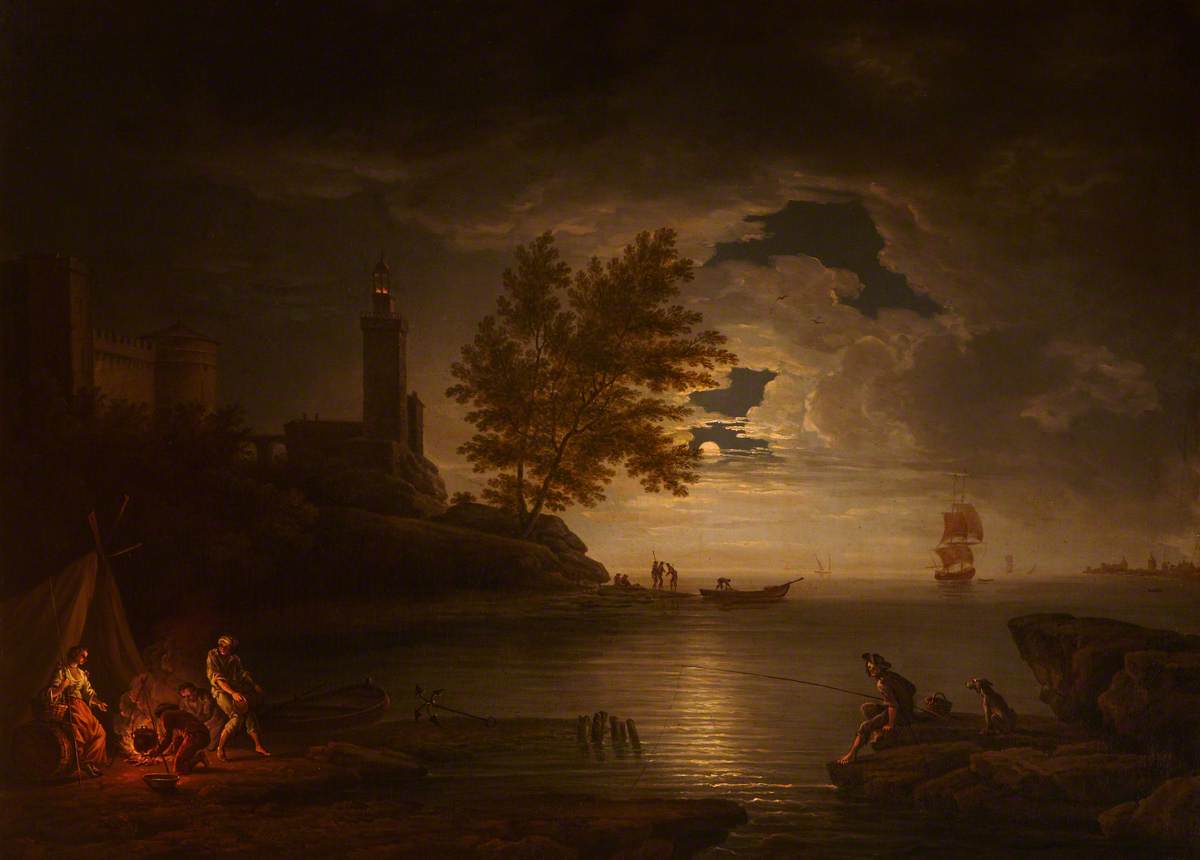 Sea Piece by Moonlight with Fisherman