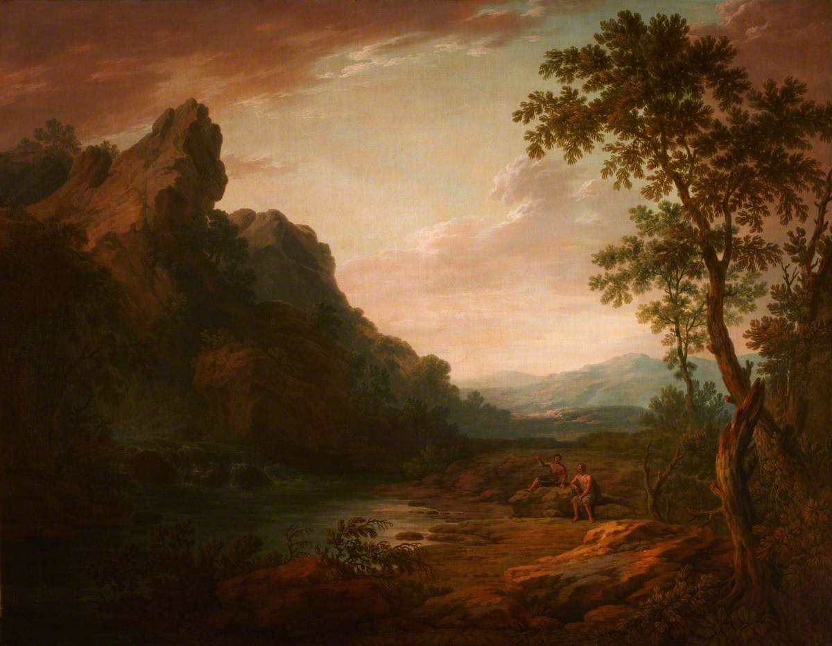 A Mountainous Classical Landscape, with Two Figures beside a Pool