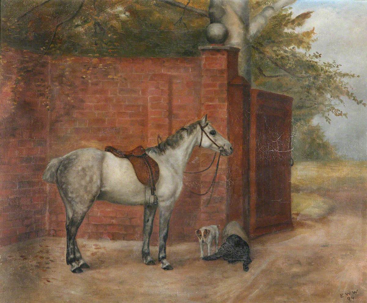 A Dapple-Grey Horse with Dogs beside a Wall