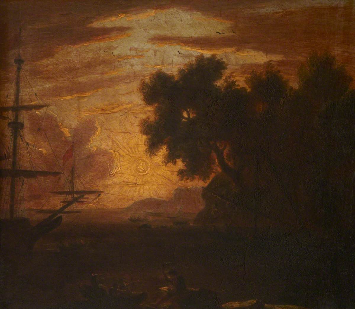 A Sunset Coastal Scene with an Anchored Frigate and Figures in a Longboat