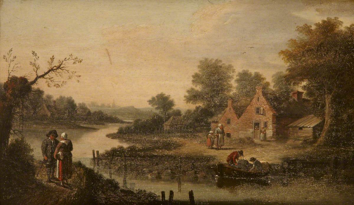 A River Landscape with Figures outside a Cottage 